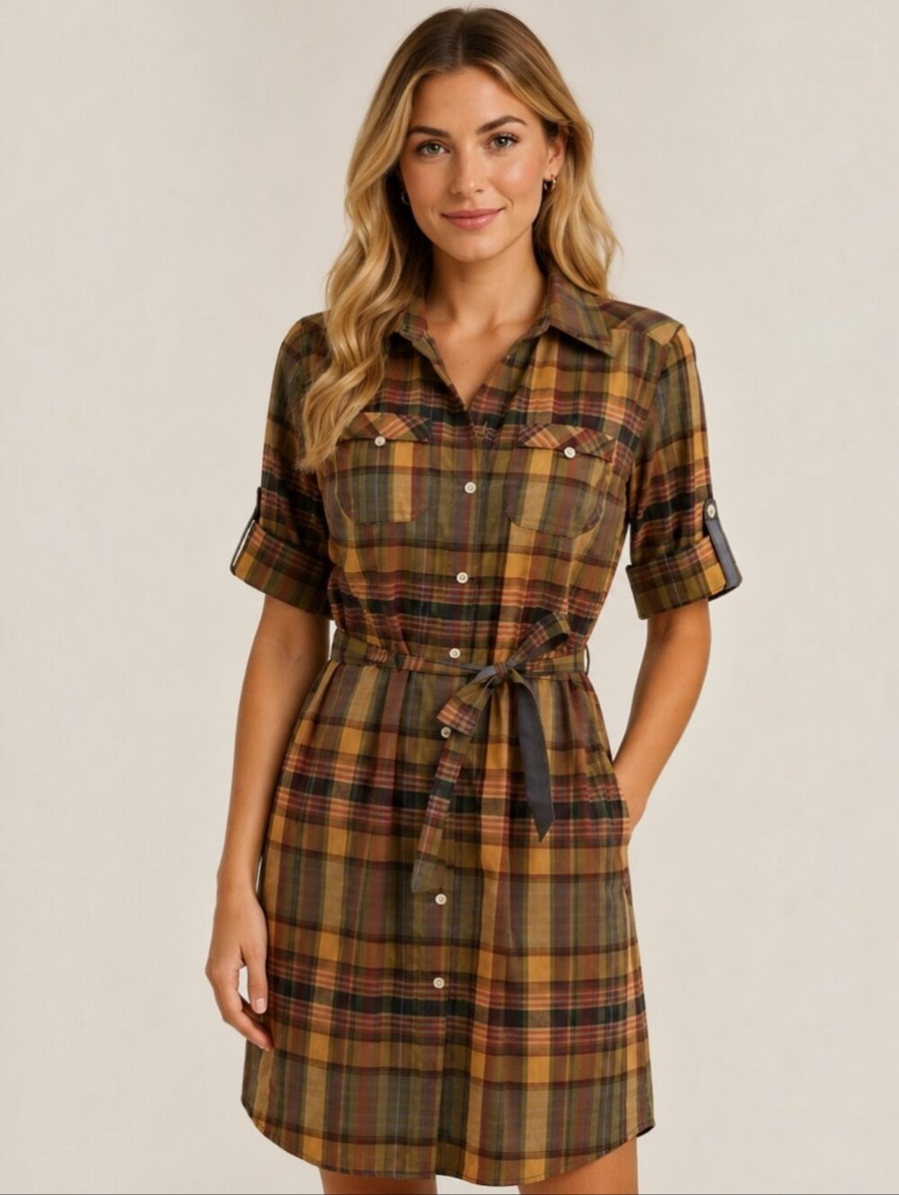 Tommy Hilfiger Plaid Button Front Shirt Dress Small